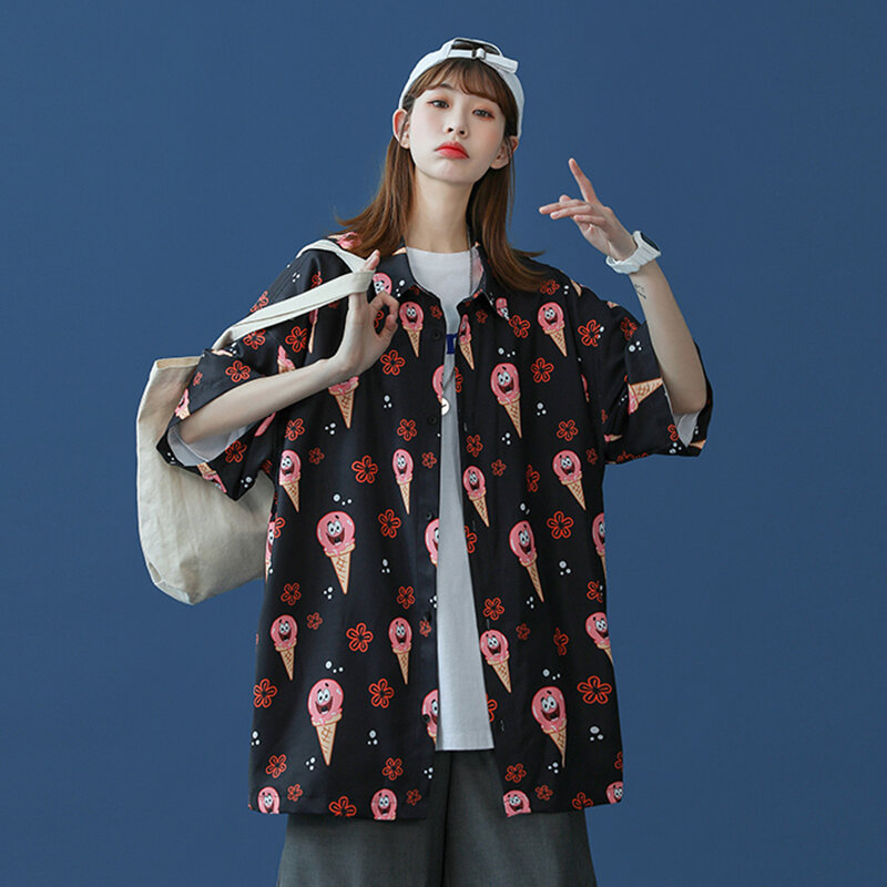 Блуза с изображением персонажей из мультфильма, с отложным воротником, новая летняя женская уличная футболка с длинным рукавом для женщин и...