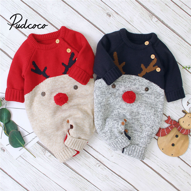 Macacão infantil de rena, roupa de natal para meninos e meninas, de malha de rena para ano novo, roupas de lã quente para crianças de 0-2 anos