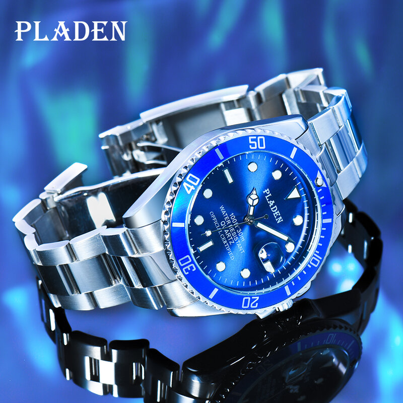 PLADEN 블루 역할 남성 시계 방수 톱 브랜드 럭셔리 남성 손목 시계 잠수함 빛나는 스테인레스 스틸 남성 쿼츠 시계