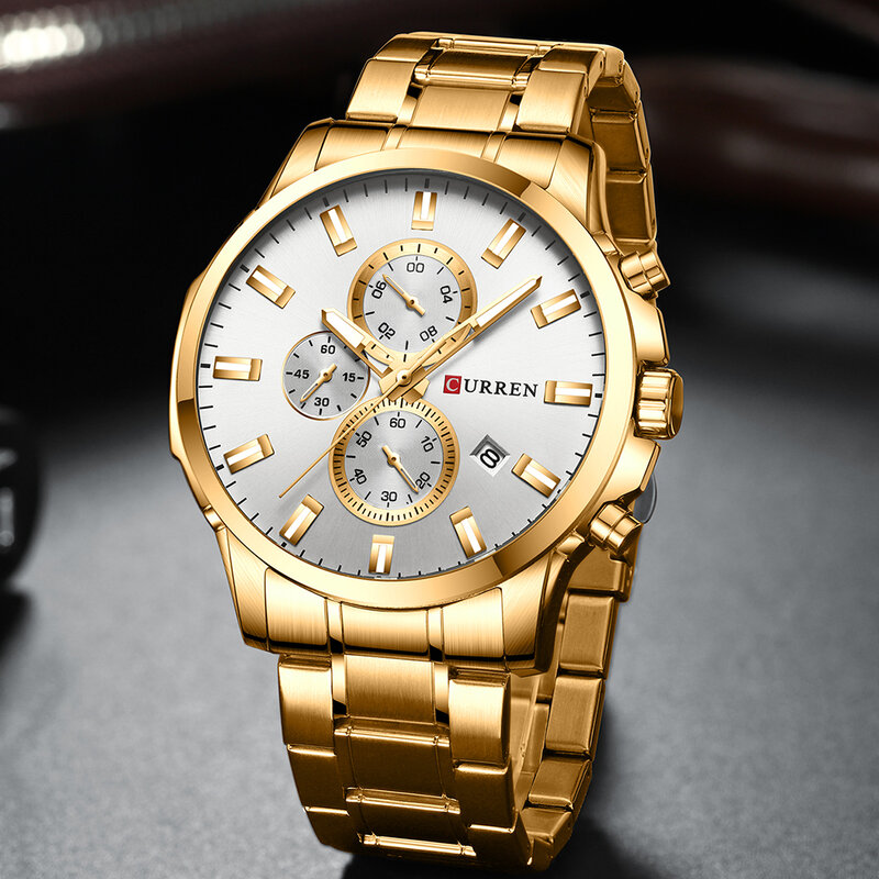 Роскошные Брендовые мужские деловые часы Curren, золотые кварцевые часы из нержавеющей стали для мужчин, светящиеся стрелки, хронограф, водоне...