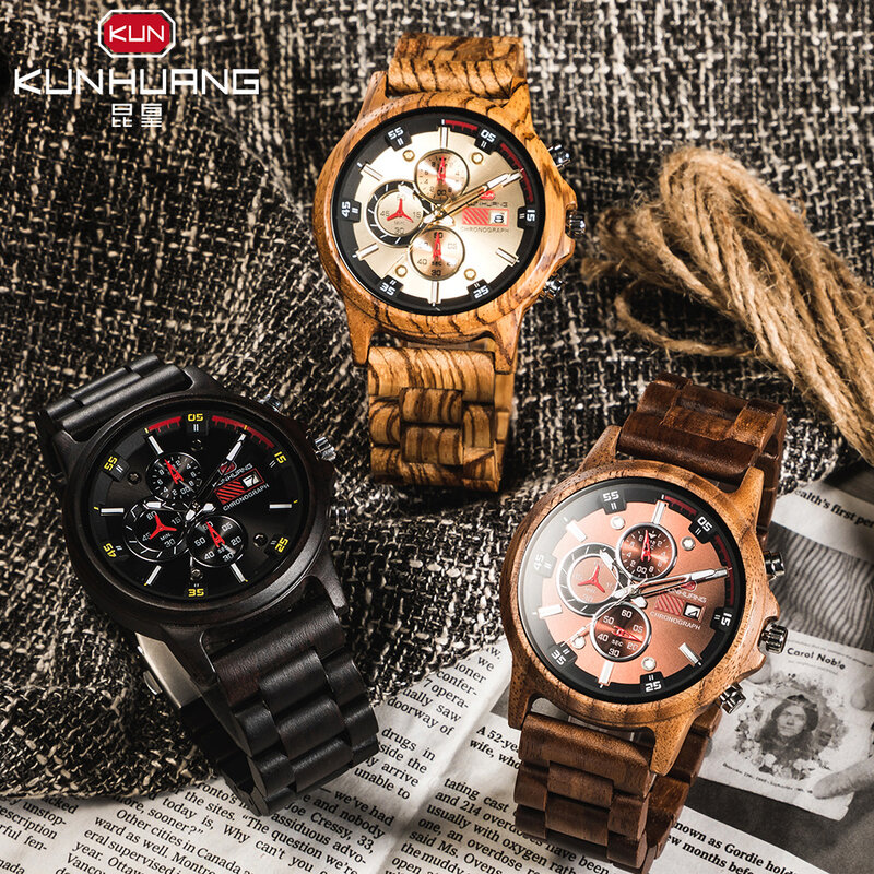 2020 KUNHUANG drewniany zegarek mężczyźni wielofunkcyjny sport drewniany zegarek mężczyzna w nowym stylu orzech kalendarz zegarka zegar zegarki męskie