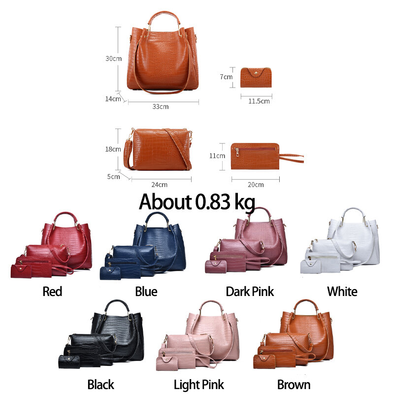 女性用ヴィンテージクロコダイルパターンハンドバッグ,puレザーショルダーバッグ,大容量,トラベルトートバッグ,4個,2021