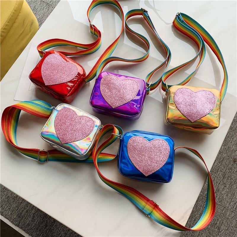 Mini monedero de arcoíris Love para niñas pequeñas, pequeño bolso de hombro cuadrado, de cuero PU, cruzado