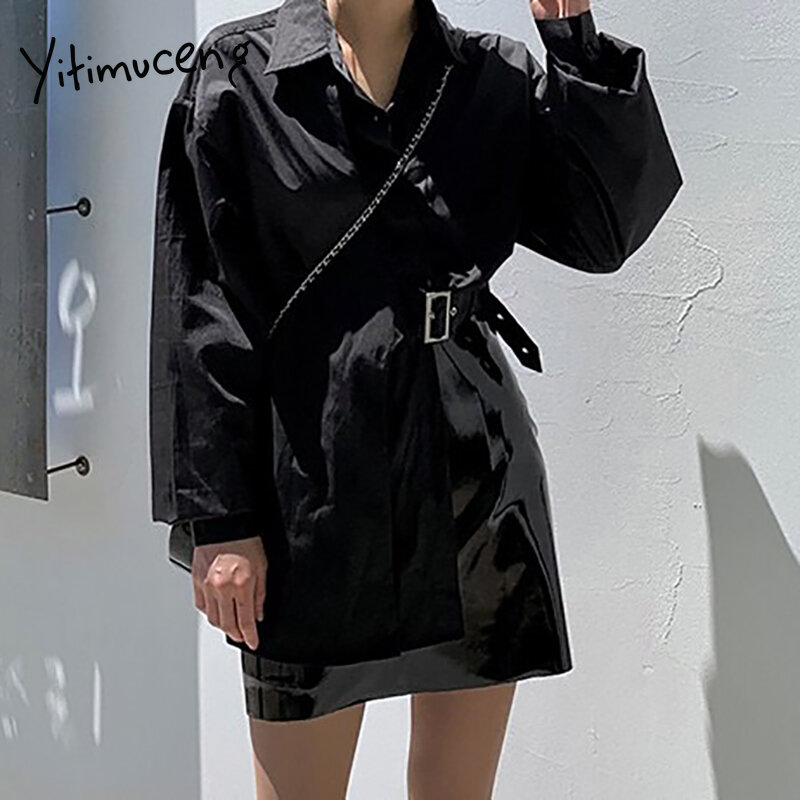 Асимметричная блузка Yitimuceng, женские корейские модные офисные рубашки с поясом, голубые и черные повседневные топы, весна-лето 2021