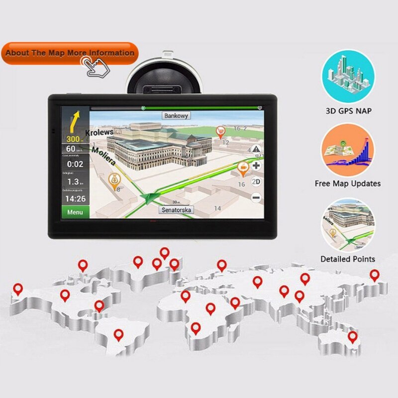 GPS para coche de navegación GPS para camiones, pantalla táctil de 7 pulgadas, 4GB, mapa gratuito, HD, mapa de Europa, Australia y América
