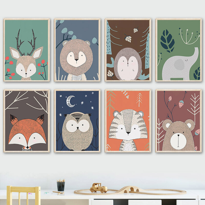 Настенная картина для детской комнаты, животные, лиса, олень, тигр, Лев, сова, медведь, постеры и принты на холсте в скандинавском стиле, декор...