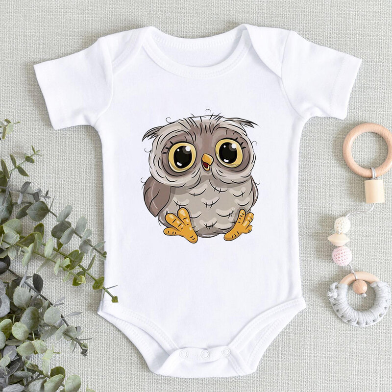 Novo estilo dos desenhos animados owl imprimir bebê recém-nascido menina menino bodysuit bonito infantil bebê macacão de manga curta ropa bebe atacado