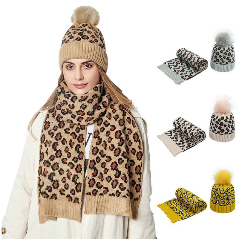 2 pçs feminino leopardo gorro chapéu cachecol conjunto macio malha quente casual aquecedor para outono inverno ao ar livre atividade