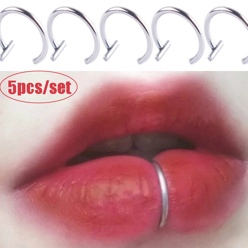 Anéis de nariz labial 5 peças, punk neutro na forma da orelha nariz clipe diafragma falso com perfurado lábio argola jóias do corpo anel de aço