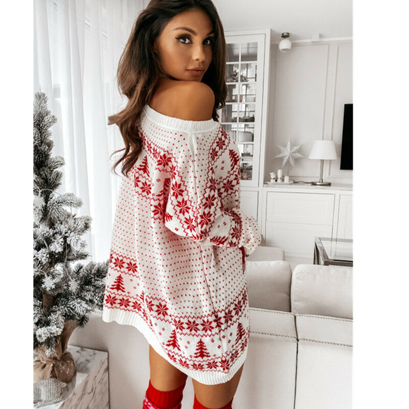 Red White Xmas Deer Cartoon Jacquard Slash Neck Sexy Christmas Sweater Dress for Women