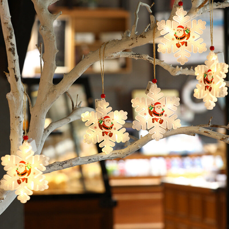 Luces LED de Navidad para decoración del hogar, medias de Navidad con copos de nieve, muñeco de nieve, ventana de árbol, luz pequeña, 6 piezas