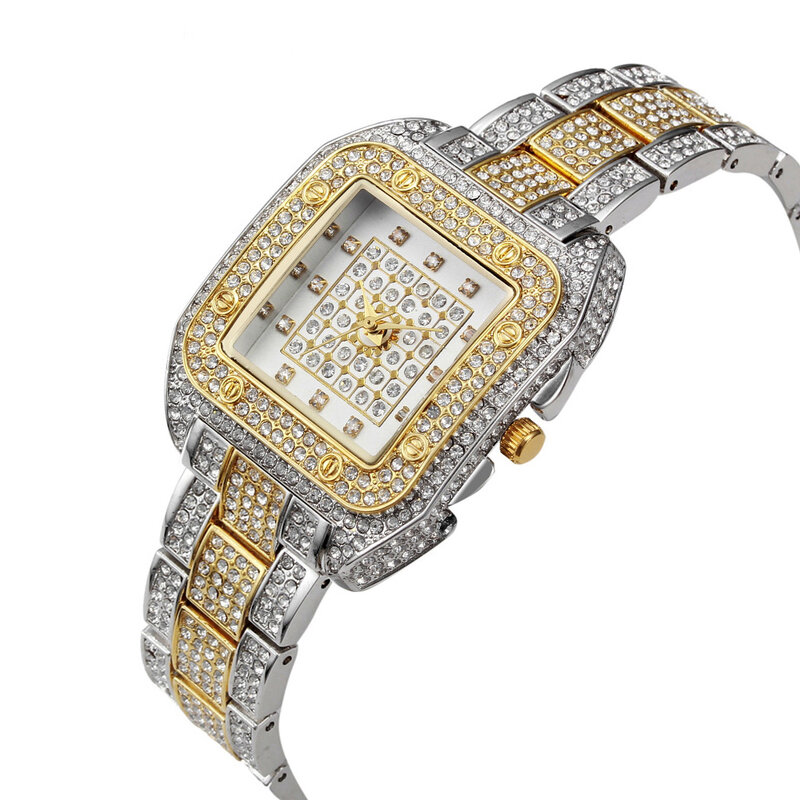 Luxo quadrado de quartzo diamante vestido feminino relógio ouro gelo gelo para fora bling strass relógio das senhoras vestido cristal relógios presente