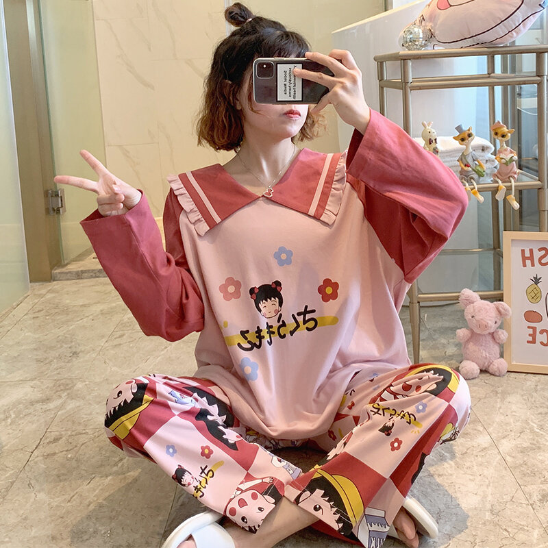 Pajamas Female Spring and Autumn Cute Chibi Maruko Chan 2020 New Style Long Sleeves Pure Cotton Two-Piece Suit Plus-sized