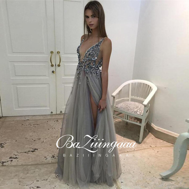 Luxury Prom Dresses Long 2021 V Neck Beading High Split Tulle Sweep Train Sleeveless Evening Gown A-Line Backless  Robe De