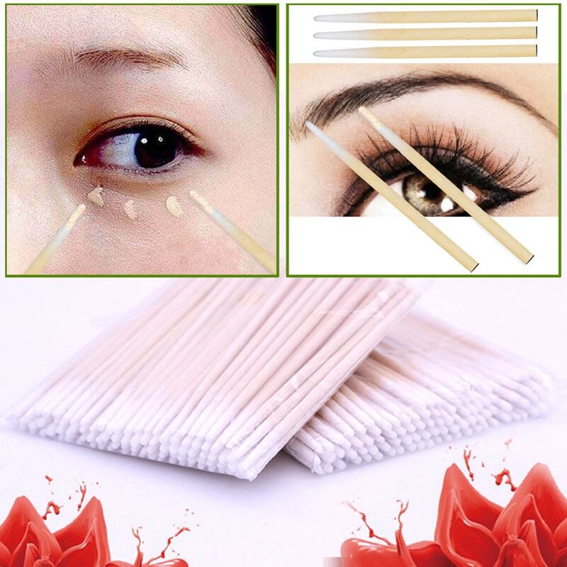 100 Pcs Menunjuk Kayu Kapas Kepala Tato Tongkat Khusus Kapas Bersih Stick untuk Pro Alis Bibir Tato Kecantikan Makeup
