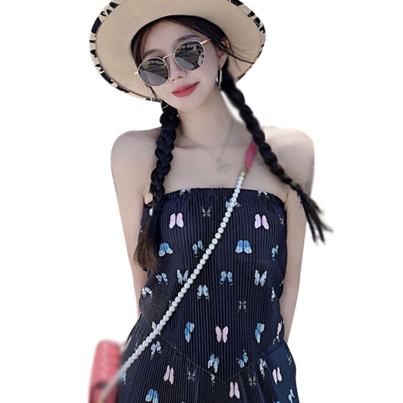 EFINNY-Tops de moda coreana para mujer, Top de tubo con estampado de mariposa Irregular, ajustado, negro/azul, sin mangas