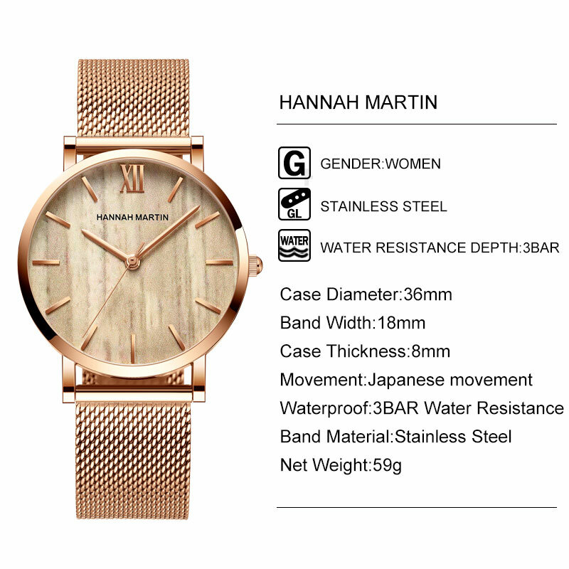 Часы Hannah Martin Женские повседневные, Роскошные водонепроницаемые золотистые наручные, стальные, высокого качества