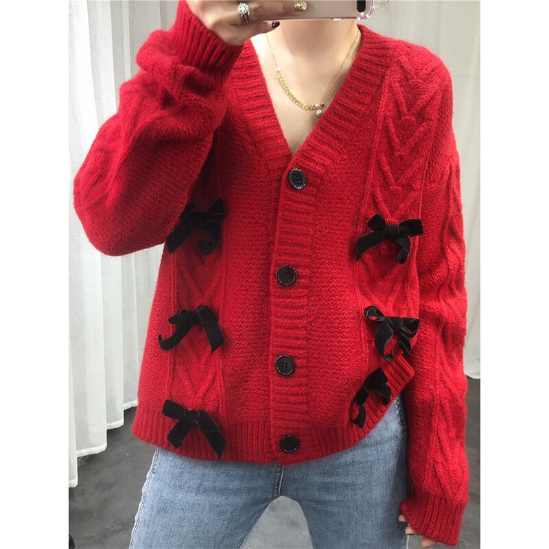 Cute Bow Sweater Jacket Autumn and Winter All-match 2021 New Korean Version Knitted Cardigan Loose Single-breasted Jacket Top