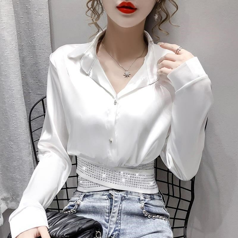Camisa curta de manga comprida feminina, camisa branca de nicho com gola virada para mulheres, outono 2021