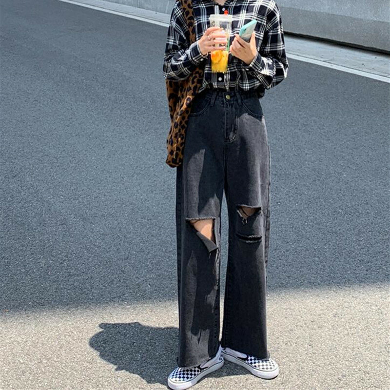 Jeans Wanita Sobek Pakaian Pinggang Tinggi Kaki Lebar Pakaian Denim Streetwear Kualitas Antik 2020 Fashion Celana Lurus Harajuku
