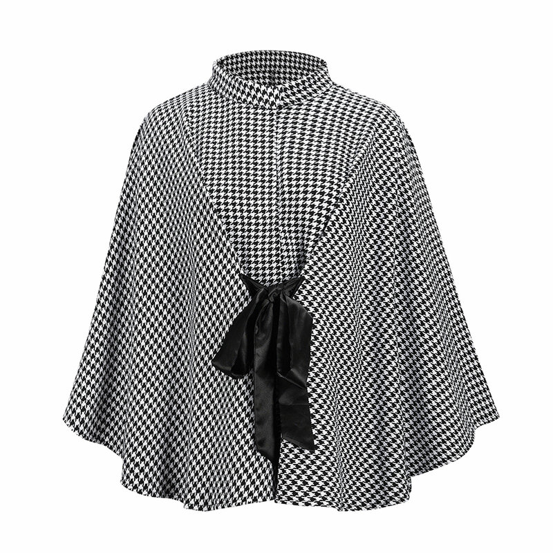 Women's Houndstooth Cape Coats, Chic Turtleneck Tie Up Asymmetric Shawl Poncho Pullovers Outfits 2020 New Autumn Winter Coats