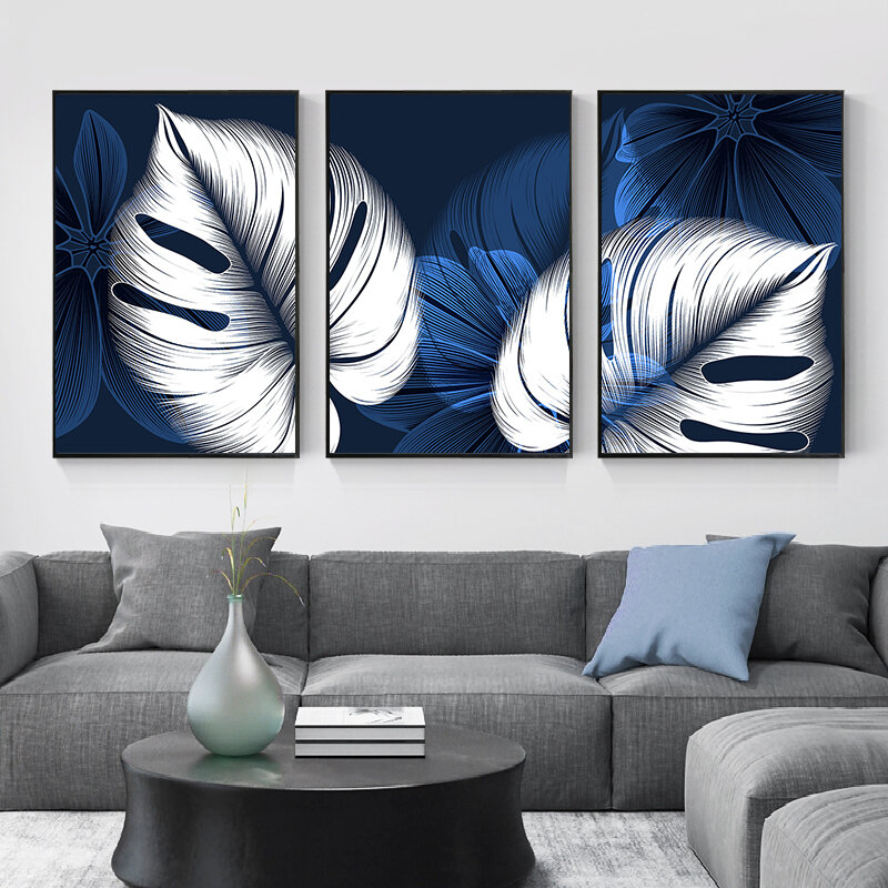 葉のポスター,抽象的な青と白のプリント,モダンな家の装飾,キャンバスの壁,芸術的な絵画,リビングルームの装飾