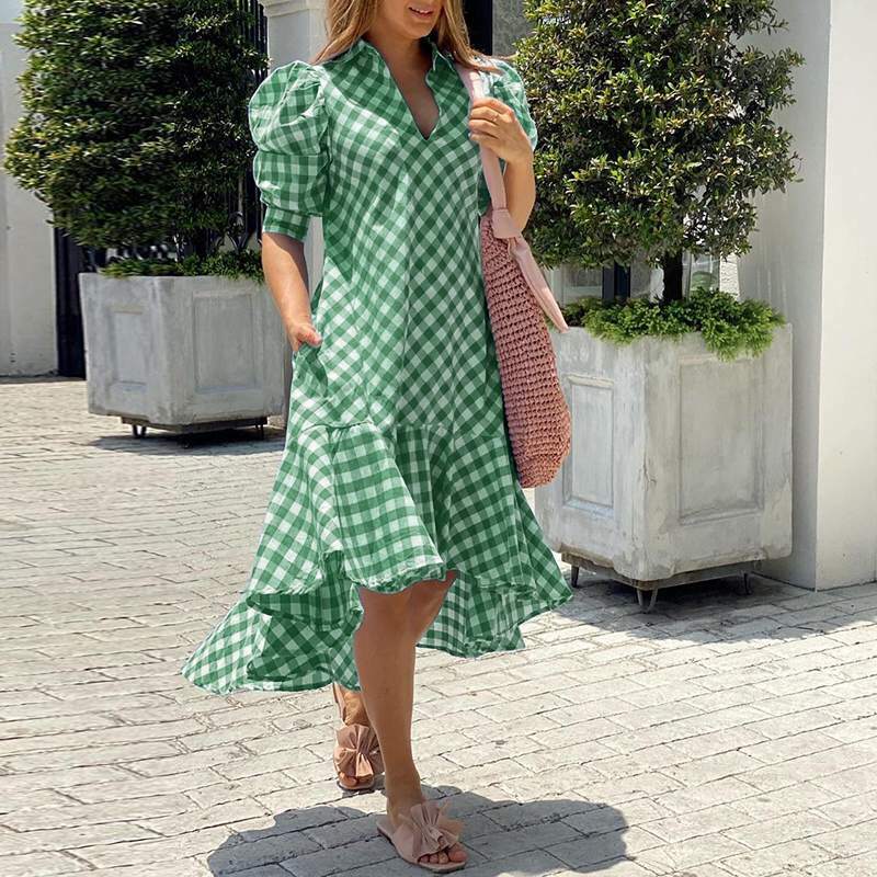 Vestido midi xadrez feminino roupas de verão 2022 manga longa