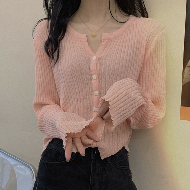 Summer Women Clothes 2020 Korean Women's Solid V-Neck Casual Single Breasted Button Up Knitted Sunscreen Long-Sleeved Cardigan