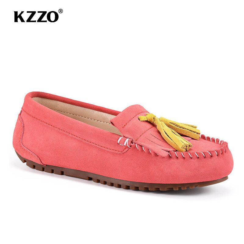 KZZO Sepatu Pantofel Kasual Kulit Asli Datar Wanita Fashion Kualitas Terbaik 2021 Buatan Tangan Sepatu Berkendara Nyaman Ukuran 35-44