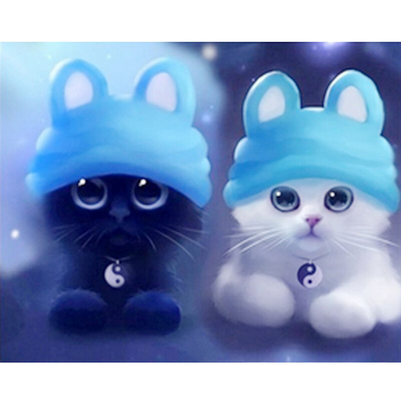 다이아몬드 그림 크로스 스티치 만화 고양이 다이아몬드 자수 흰색 검은 고양이 광장 귀여운 어린이 그림 모자이크 그림 Rp563