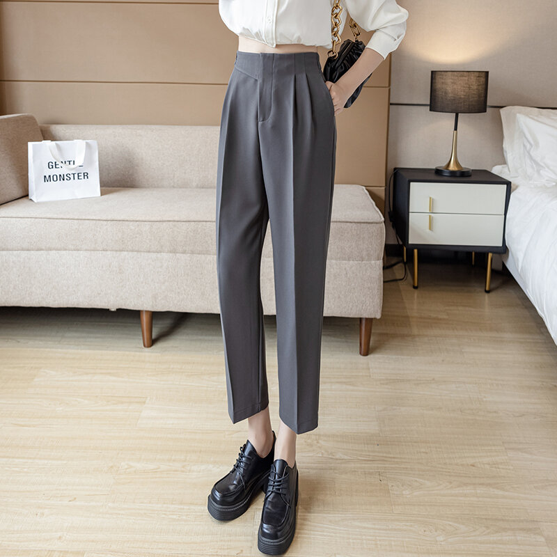 Calça feminina fashion com zíper e botão, elegante, casual, verão, calça harun feminina, cintura alta, calça plana 802a