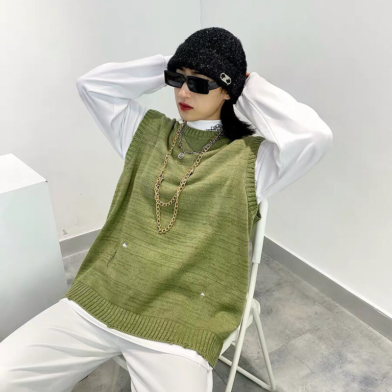 Hip Hop Hole maglione gilet uomo scheletro lavorato a maglia Harajuku coppia pullover maglioni senza maniche oversize Streetwear Vest taglia M-XL