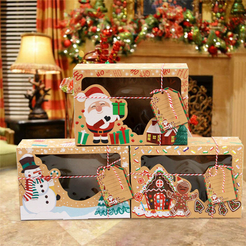 Cajas de galletas de Navidad con ventana, cajas de dulces de panadería de Navidad, Kraft para vacaciones, regalo para pasteles, 3/6/9/12 piezas