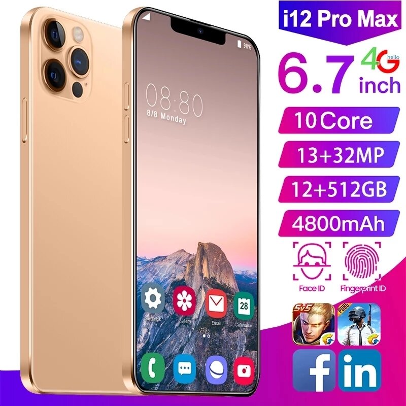 Smartphone i12 pro max, versão global, 2021, 12gb, 512gb, snapdragon 7.2, face id, game cpu, aple store