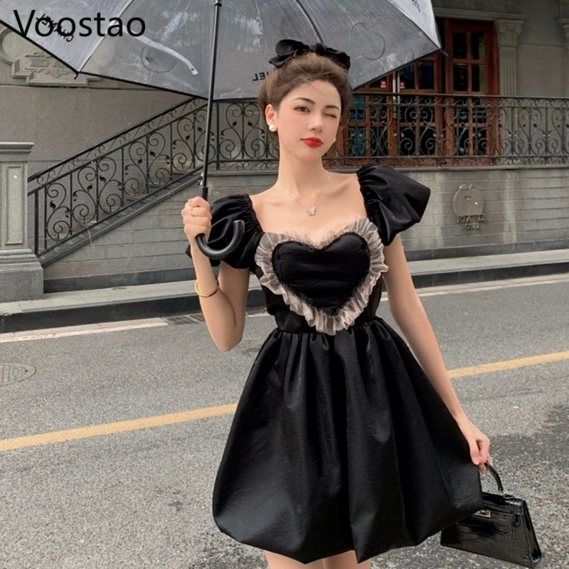 Gothic Harajuku Black Mini Dress Summer Women Sweet Puff Sleeve Heart Shaped Lace Ruffles Party Dresses Girly Chic Holiday Dress