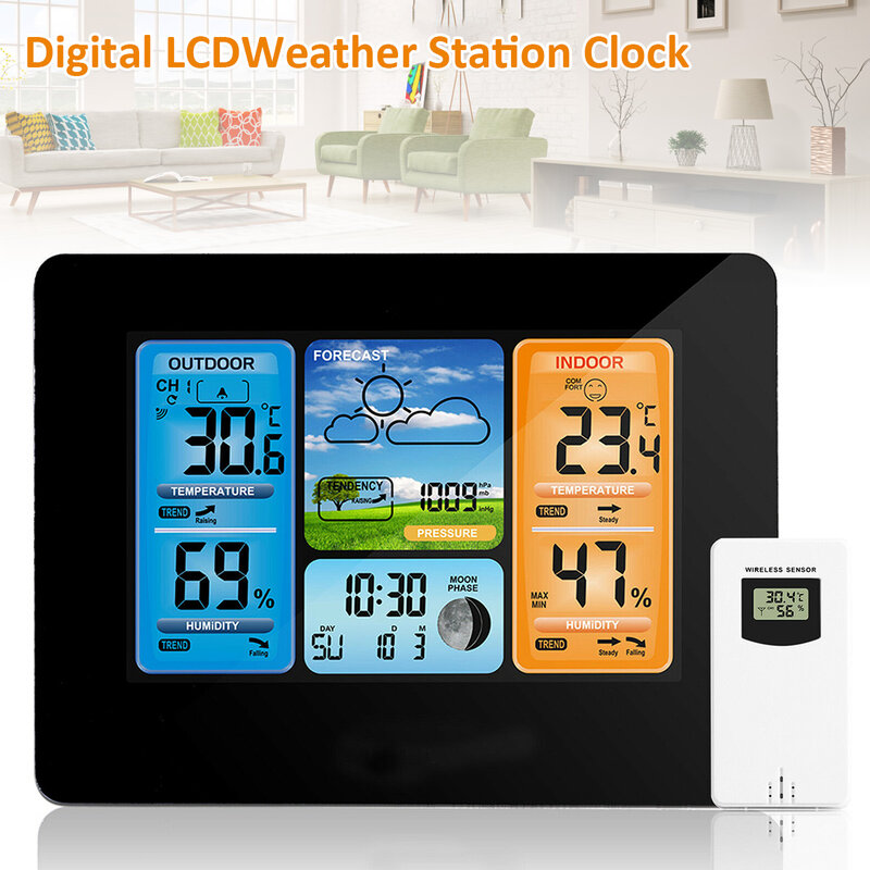 Weather Station นาฬิกาไร้สายดิจิตอล LED ปฏิทินตารางนาฬิกาและอุณหภูมิความชื้น Snooze นาฬิกาปลุกสำหรับห้องเ...