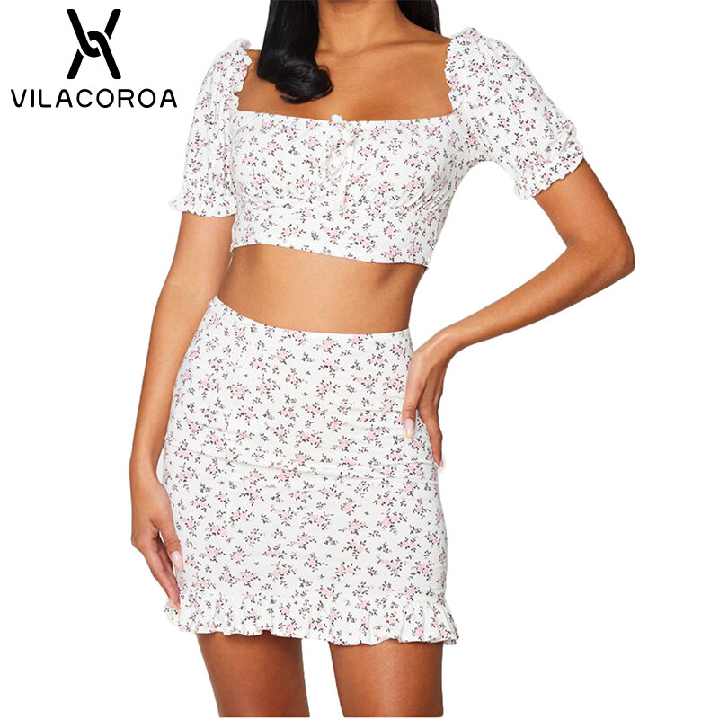 Print Streetwear Female 2 Piece Set Square Collar Bubble Sleeve Lace Up Crop Top High Waist Ruffle Skirt Backless Women Suit