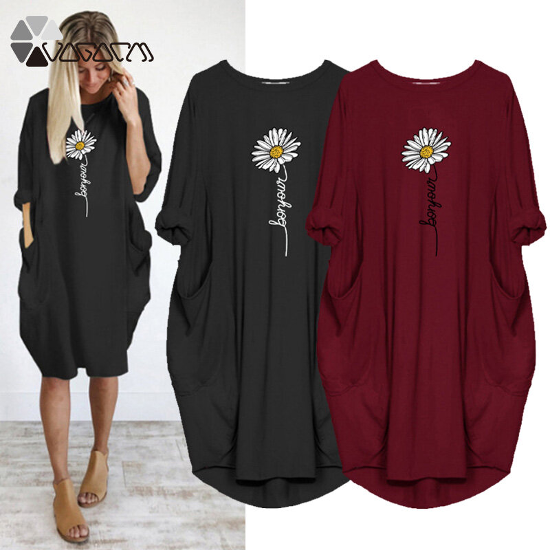 Plus Size Dresses Ladies Flower Print Long Sleeve Round Neck Pockets Casual Vintage Party Beach Femme Robe Streetwear Vestidos