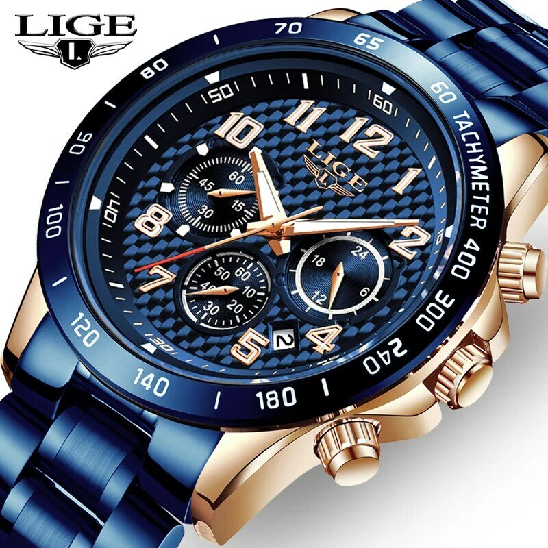 Часы наручные LIGE Мужские кварцевые, роскошные Брендовые спортивные с хронографом, с датой, с коробкой, 2021