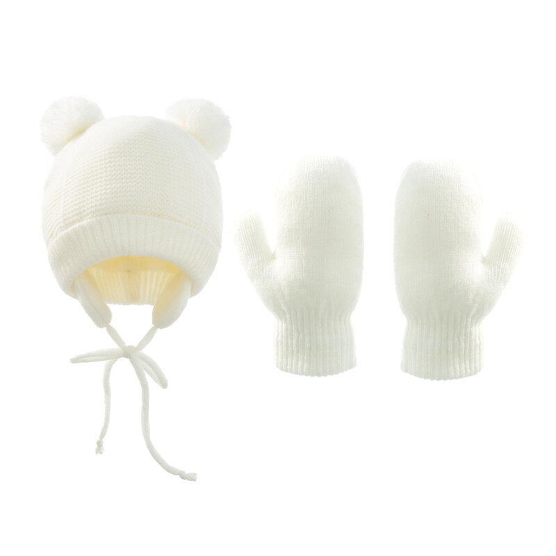 2021 nowa czapka zestaw rękawiczek dla dzieci dziewczyny chłopcy podwójne piłka zima ciepła czapka z dzianiny ucha jednokolorowy ciepły słodkie rękawiczki 2 sztuk piękny czapka czapki