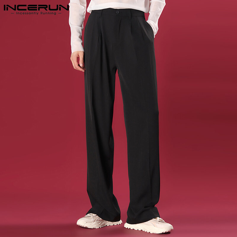 INCERUN สไตล์ของผู้ชายสีทึบตรงกางเกงสูงเอวกางเกงชายหล่อ All-Match ง่ายกางเกงขากว้าง s-5XL 2021