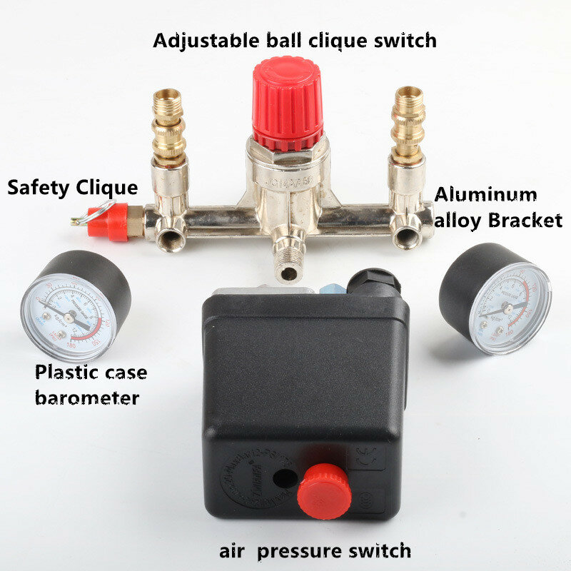 Manómetros reguladores de alivio del colector del interruptor de la válvula de presión del compresor de aire, soporte de aleación de aluminio, 90-120PSI, 230-220V
