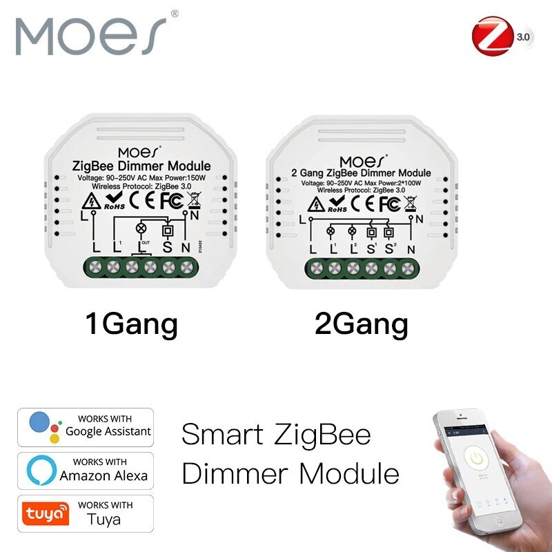 Moes – Mini Module de variateur de lumière intelligent, 1/2 boutons, Tuya ZigBee, à monter soi-même, Hub, application Smart Life, Alexa, Google Home, commande vocale