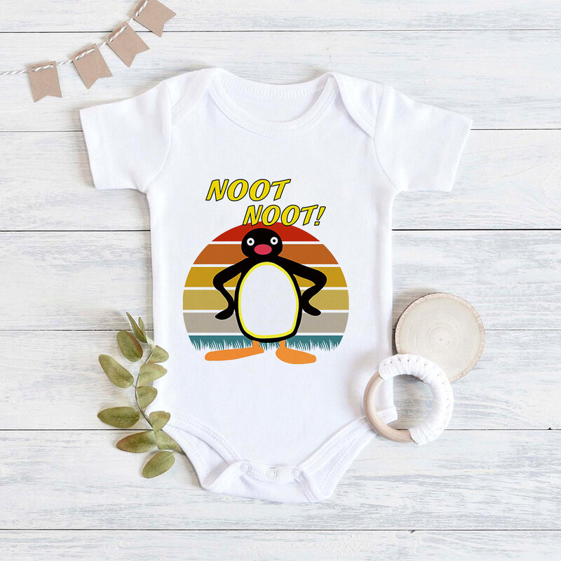 Noot Noot Pingu Printed Baby Clothes Popular Animation Newborn Cute Cartoon Bodysuit Summer Baby Boys Girls Jumpsuits 0-24M