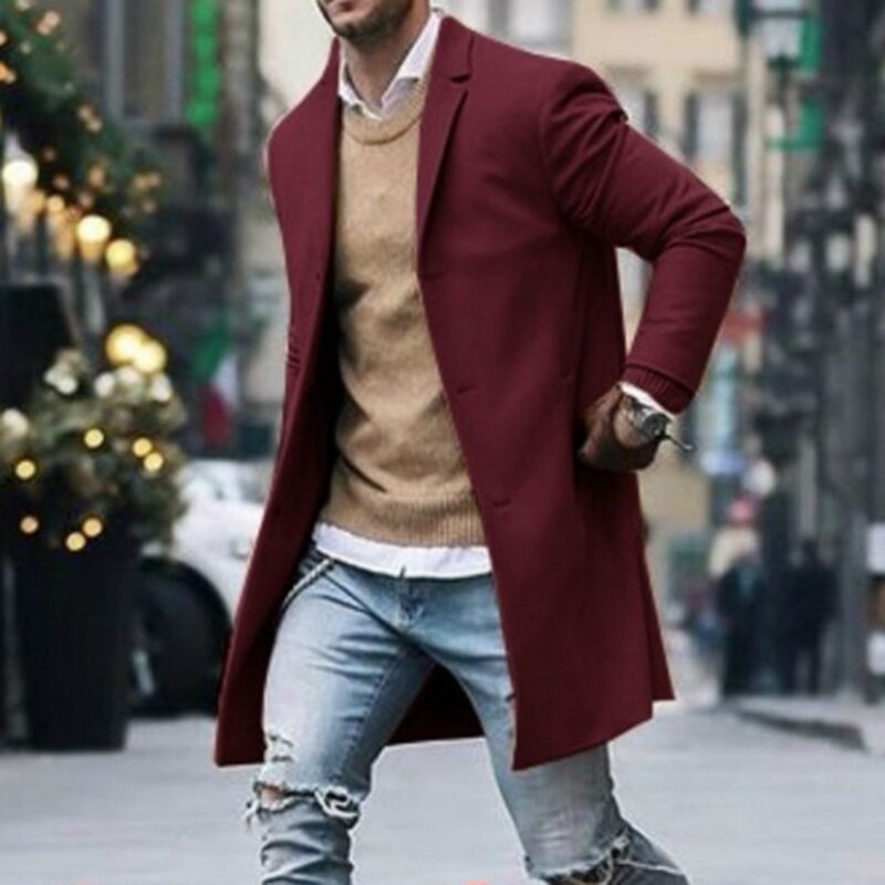 Blouson à manches longues pour les hommes, coupe slim, motif uni, tissu de laine idéal pour l'hiver, jacket, manteau