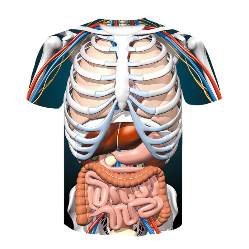 Impressão 3d cosplay masculino esqueleto órgãos internos tshirt harajuku corpo humano camiseta das mulheres dos homens moda t camisa verão manga curta