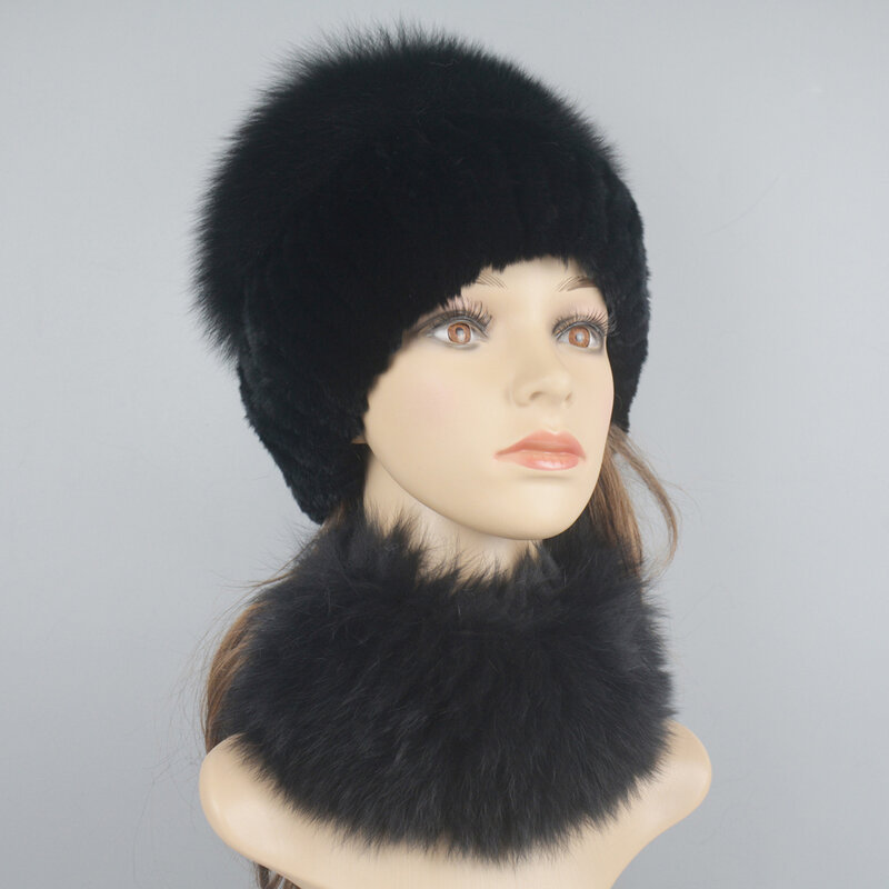 Hot Sale Winter Outdoor Brand Women Real Rex Rabbit Fur Scarf Hat Warm Real Fox Fur Cap Ring Shawl Natural Fox Fur Scarves Hats