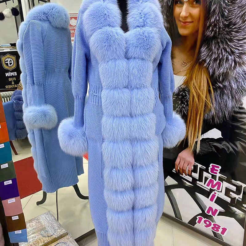 Cardigan de pele natural longo inverno feminino camisola moda cardigan inverno mais tamanho real pele de raposa cardigan de malha 2021
