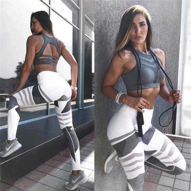 Mulheres sem costura yoga conjunto topos calças esportivas gym workout correndo fitness impressão digital estiramento leggings & sutiã
