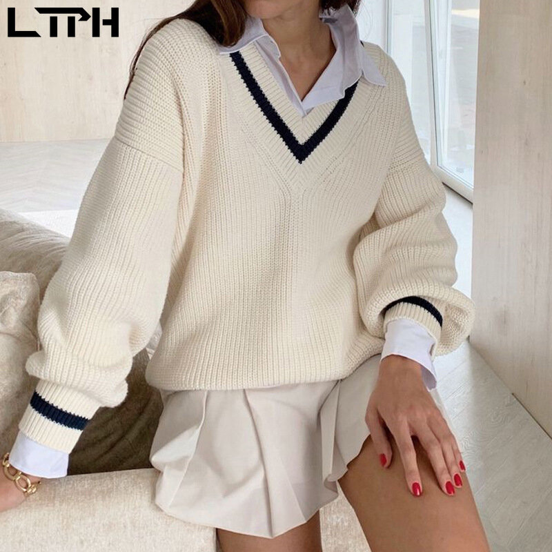 LTPH-suéteres de manga larga holgados de estilo universitario británico para mujer, Jersey de punto con cuello en V, suéter informal combina con todo, novedad de Otoño de 2020